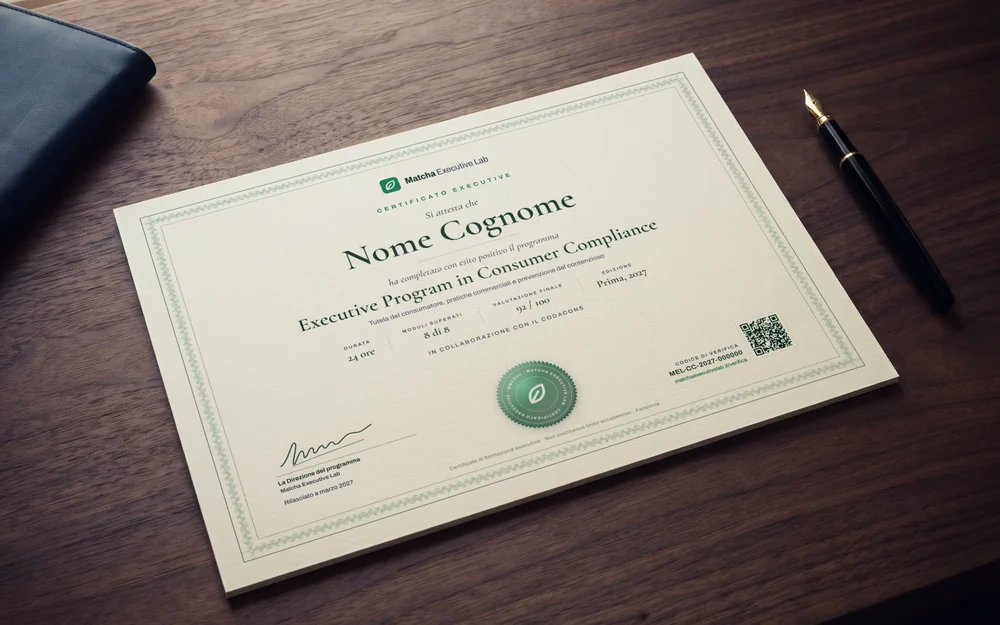 Facsimile del Certificato Executive su carta avorio, appoggiato su una scrivania in noce accanto a una penna stilografica: nome del partecipante, programma, ore, moduli superati, valutazione finale, sigillo e codice di verifica con QR.
